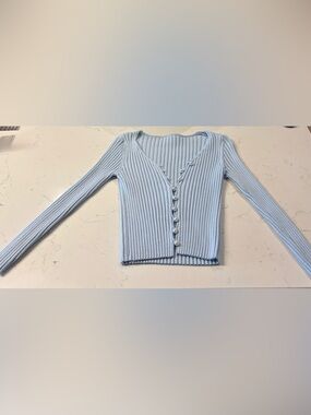 Rumi Neely Light Blue Ribbed Pearl Button Cardigan Fitted Knit Sweater